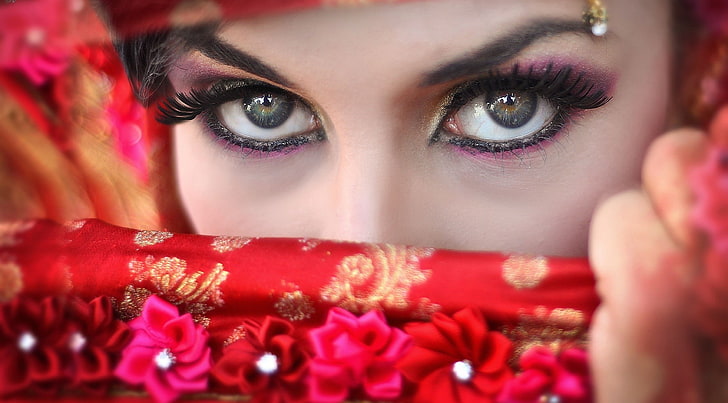 women's red floral hijab scarf, eyes, look, girl, eyelashes, hand, makeup, shadows, flowers, eyeliner, HD wallpaper