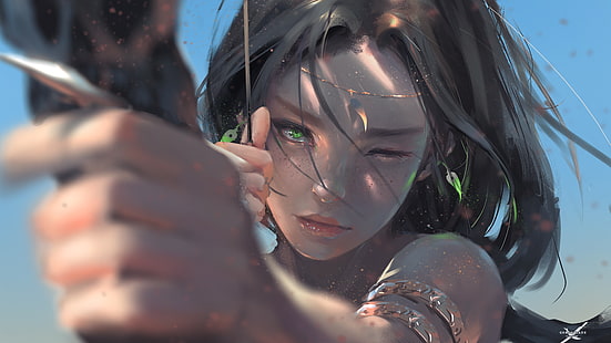 personnage d'anime féminin tenant une illustration de l'arc, jeu CG, WLOP, Fond d'écran HD HD wallpaper