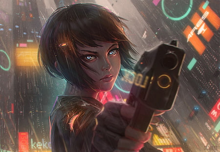 kobieta trzymająca czarny pistolet tapeta, anime, anime dziewczyny, krótkie włosy, pistolet, deszcz, woda, broń, cyberpunk, dzieło sztuki, science fiction, GUWEIZ, dziewczyny z bronią, Tapety HD HD wallpaper