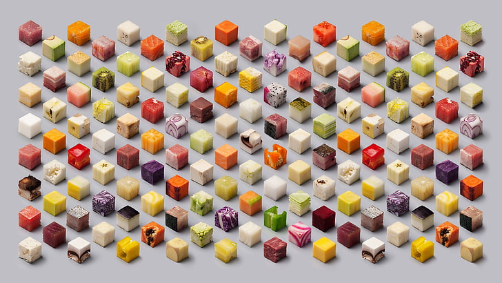 assorted-color dice lot, cube, minimalism, melons, kiwi (fruit), fruit, meat, artwork, gray background, cheese, papaya, papayas, orange (fruit), apples, carrots, lettuce, grapefruits, cucumbers, avocados, bell peppers, paprika (spice), food, geometry, food cubes, tileable, simple background, HD wallpaper