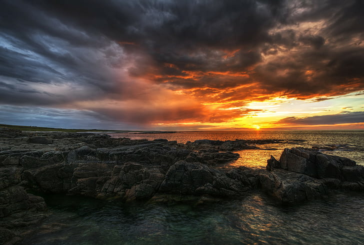 Irlanda, Condado de Donegal, Irlanda, Condado de Donegal, Mar, praia, rochas, Pôr do sol, HD papel de parede