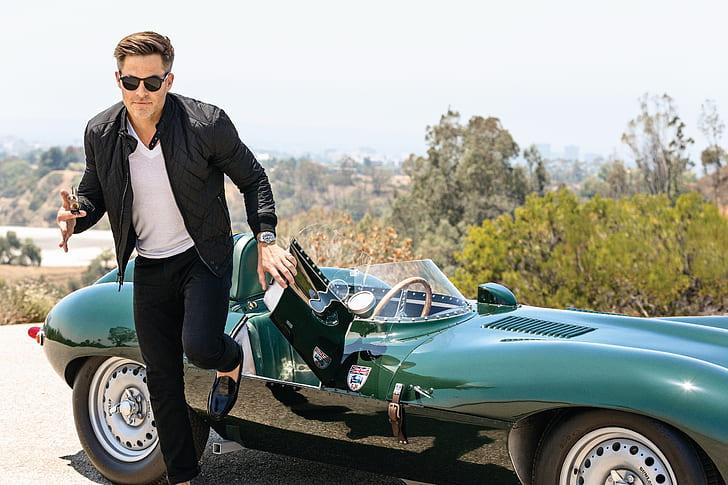 road, auto, the sun, nature, glasses, jacket, t-shirt, shoes, keys, photoshoot, Chris Pine, pants, in black, cool, racing car, Men's Fitness, Ben Watts, out, out of the car, HD wallpaper