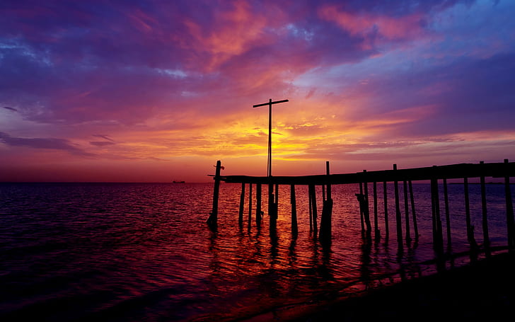 Bahrain, Persian Gulf, sea, pier, sunset, purple sky, Bahrain, Persian, Gulf, Sea, Pier, Sunset, Purple, Sky, HD wallpaper