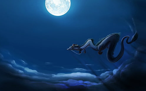 flygande orm under fullmåne digital tapet, anime, Spirited Away, Chihiro, Studio Ghibli, HD tapet HD wallpaper