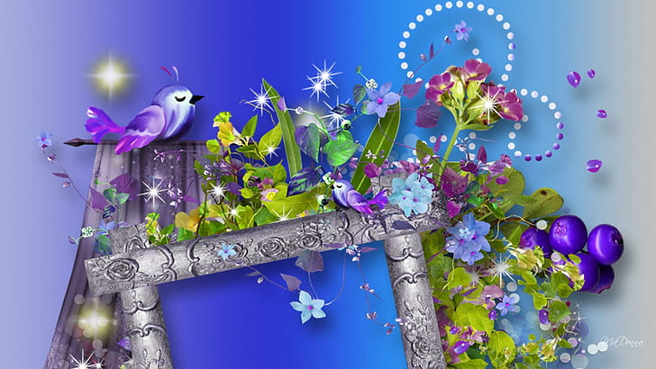 Purple Bird Song, bird, whimsical, flowers, spring, lights petals, song, blue, purple, summer, 3d and abstract, HD wallpaper