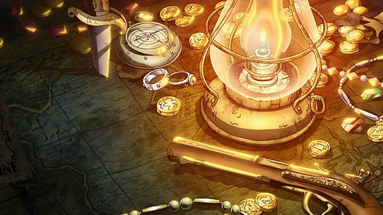 One Piece, treasure, gold, lamp, gun, anime, lantern, coins, compass, rings, HD wallpaper HD wallpaper