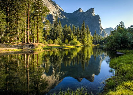 landscape photo body of water near trees, Breakfast, Three Brothers, photo, body of water, trees, ngc, west, United States, national park, HDR, reflection, Yosemite  California, California  Valley, Valley  River, River  Mountains, Landscape, nature, forest, tree, scenics, water, outdoors, mountain, lake, beauty In Nature, rock - Object, HD wallpaper HD wallpaper