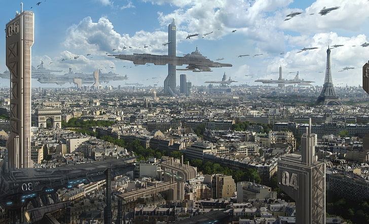 futurystyczna ilustracja miasta, zrzut ekranu z filmu, Paryż, Francja, fantasy art, przestrzeń, miasto, futurystyczny, science fiction, sztuka cyfrowa, budynek, pejzaż miejski, chmury, wieżowiec, Wieża Eiffla, ulica, Łuk Triumfalny, statek kosmiczny, sterowce, futurystyczne miasto, Tapety HD