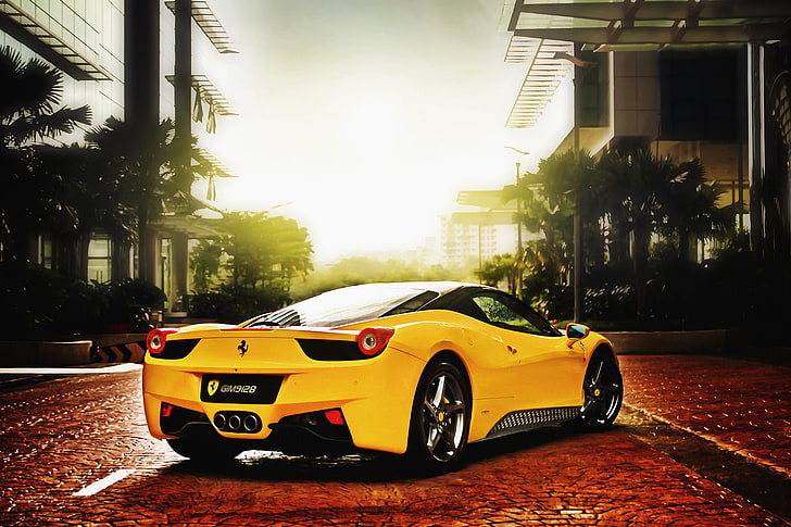 yellow Ferrari coupe, the sun, Ferrari, 458, italia, yellow, Italy, HD wallpaper