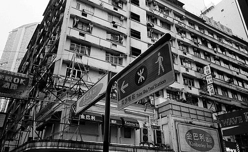 Bâtiments de Hong Kong en noir et blanc, noir et blanc, rue, hongkong, kodakdoublex, ricohgr1v, Fond d'écran HD HD wallpaper