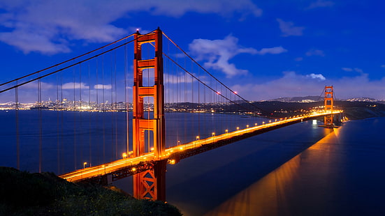 златен, порта, голям, мост, нощ, светлини, езеро, САЩ, САЩ, Сан Франциско, Калифорния, HD тапет HD wallpaper