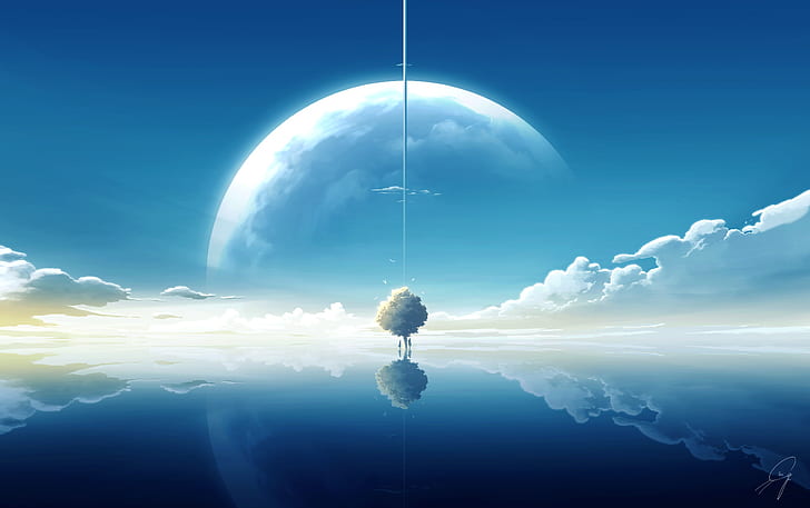 Anime, oryginał, chmura, planeta, odbicie, niebo, drzewo, woda, Tapety HD