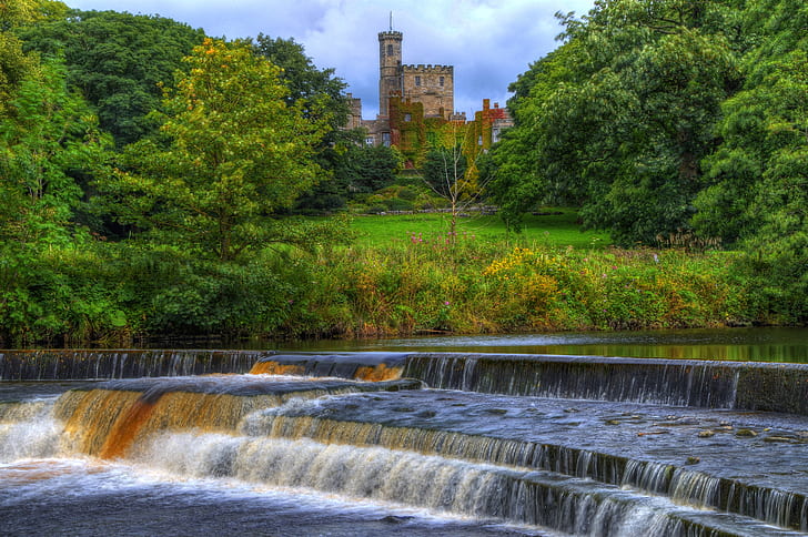 hutan, pohon, Taman, sungai, kastil, Inggris, aliran, menara, ambang batas, kastil Hornby, Wallpaper HD