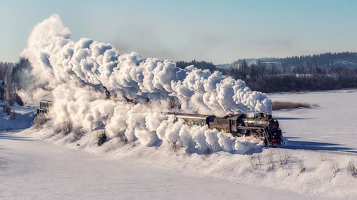 локомотив, влак, парен локомотив, сняг, зима, природа, небе, транспорт, превозно средство, парен влак, HD тапет