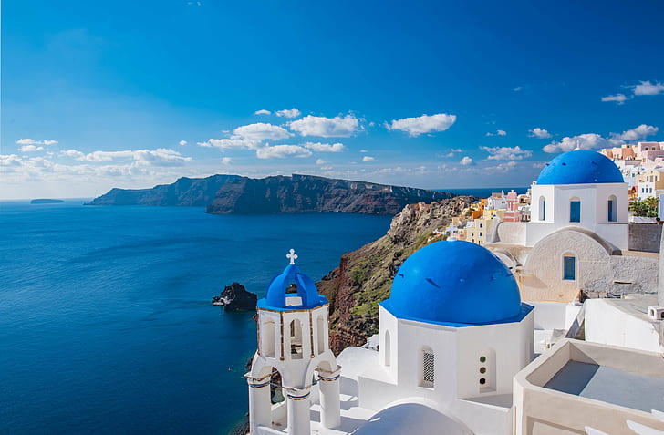 エーゲ海、建築、青、建物、教会、キクラデス、d、有名な、ギリシャ、ギリシャ、島、ランドマーク、風景、地中海、山、イア、サントリーニ島、村、白、冬、 HDデスクトップの壁紙