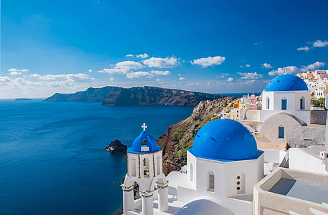 エーゲ海、建築、青、建物、教会、キクラデス、d、有名な、ギリシャ、ギリシャ、島、ランドマーク、風景、地中海、山、イア、サントリーニ島、村、白、冬、 HDデスクトップの壁紙 HD wallpaper
