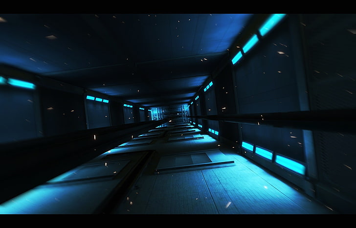 blå och svart hall, foto av byggnadsinredning, skärmdump, videospel, Mirror's Edge, fall, hiss, cyan, HD tapet