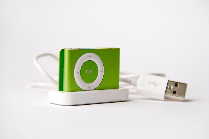 green iPod shuffle, ipod, apple, player, stand, usb, cable, adapter, ipod shuffle, HD wallpaper