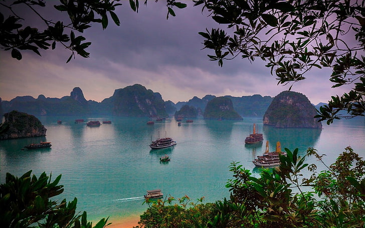 пейзаж, бухта Халонг, Вьетнам, природа, море, корабль, тропический, пляж, остров, горы, деревья, утро, HD обои