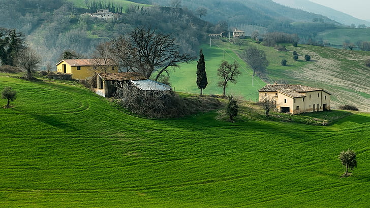 Италия, Кампания, горы, поле, деревья, трава, дом, Италия, Кампания, горы, поле, деревья, трава, дом, HD обои