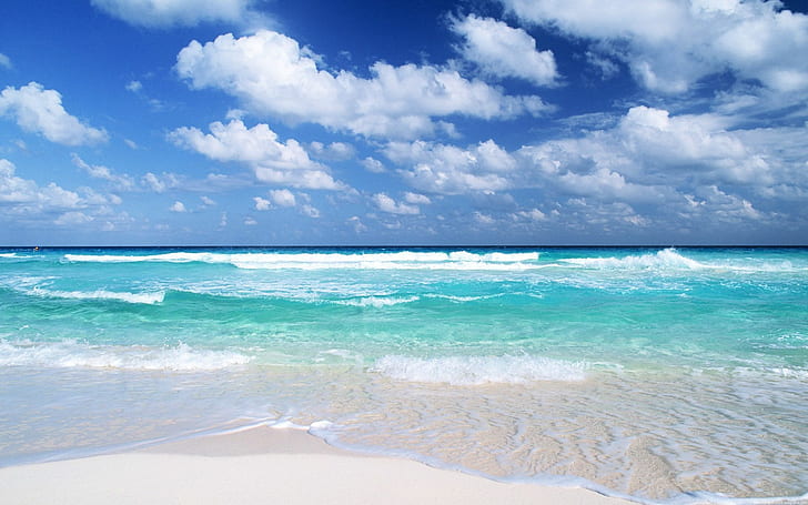 Spiaggia, natura, acqua pulita, nuvole, cielo blu, spiaggia, natura, acqua pulita, nuvole, cielo blu, Sfondo HD