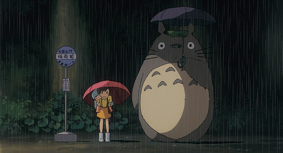 Meu Vizinho Totoro, Totoro, chuva, ao ar livre, anime, garotas de anime, Studio Ghibli, guarda-chuva, HD papel de parede HD wallpaper