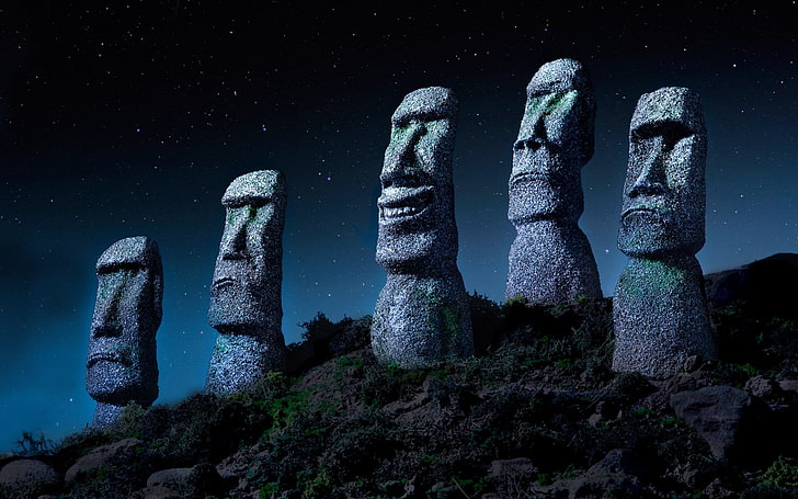 Stonehenge, Easter Island, Chile, starry night, statue, Moai, giant, stone, monuments, nature, landscape, HD wallpaper