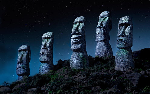 Стоунхендж, Великденски остров, Чили, звездна нощ, статуя, Моаи, гигант, камък, паметници, природа, пейзаж, HD тапет HD wallpaper