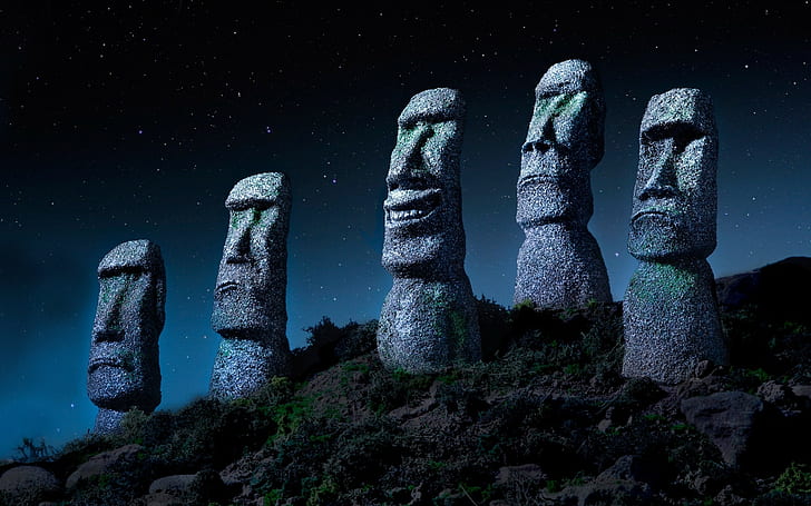 Moai, statue, stone, giant, landscape, nature, Easter Island, monuments, Chile, starry night, HD wallpaper