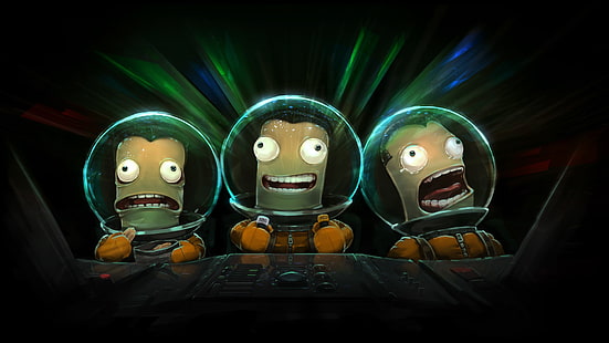 illustrazione di tre astronauti, Programma spaziale Kerbal, videogiochi, Sfondo HD HD wallpaper