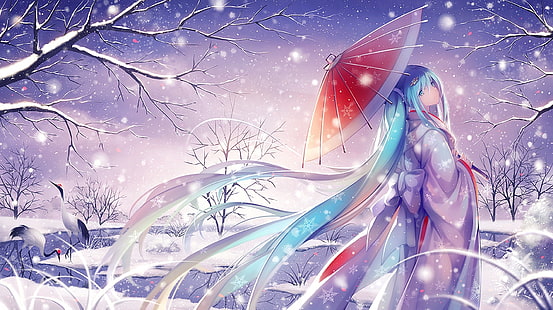 Персонаж от Кагура, Вокалоид, Хацуне Мику, сняг, традиционно облекло, чадър, кимоно, HD тапет HD wallpaper
