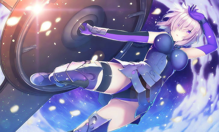gloves, FateGrand Order, elbow gloves, clouds, boots, thigh-highs, violet eyes, Shielder (FateGrand Order), armor, Fate Series, pink hair, short hair, HD wallpaper