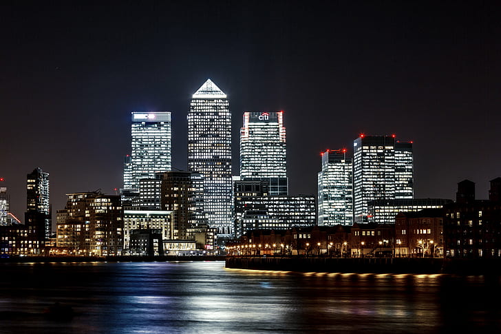 panorama photo of buildings, canary wharf, canary wharf, Lights on, Canary Wharf, panorama, buildings, london  england  uk, long exposure, east, night photography, zoom, thames, night, urban Skyline, cityscape, skyscraper, uSA, city, urban Scene, architecture, downtown District, building Exterior, reflection, built Structure, illuminated, office Building, famous Place, HD wallpaper