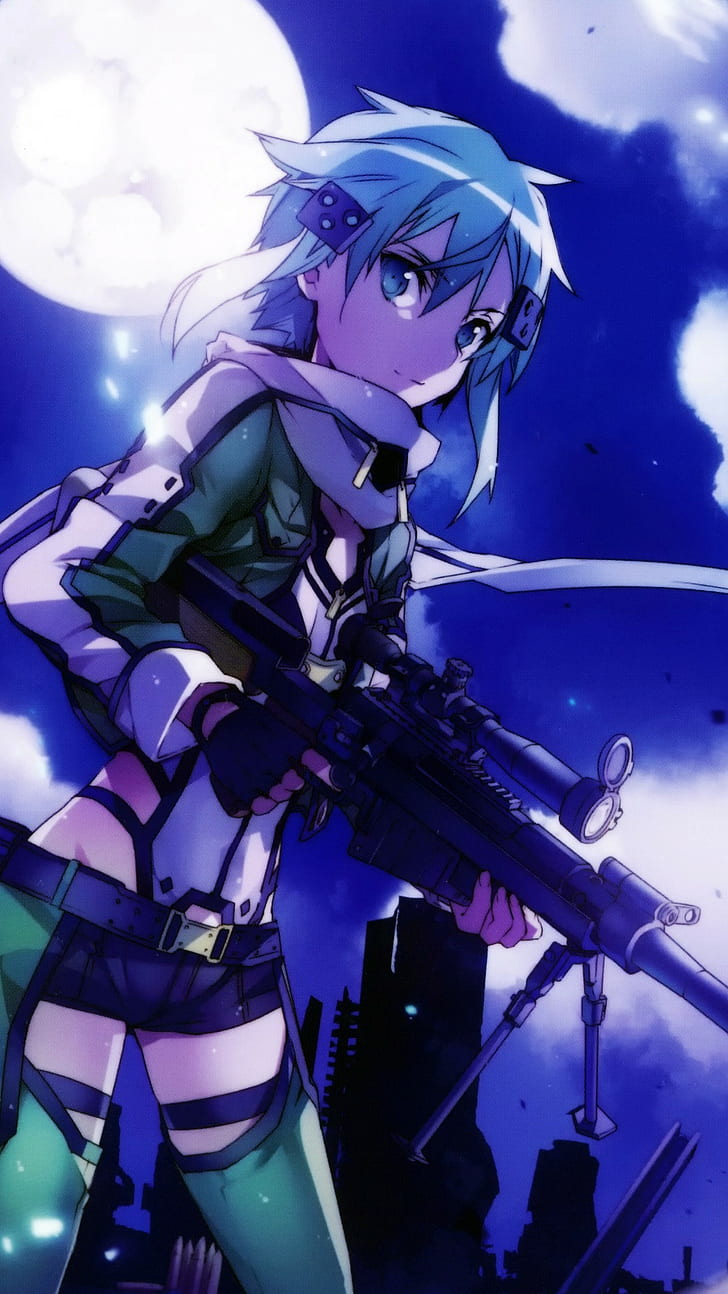 аниме, Sword Art Online Альтернатива: Gun Gale Online, Синон (Sword Art Online), Асада Шино, аниме девушки, пистолет, HD обои, телефон обои