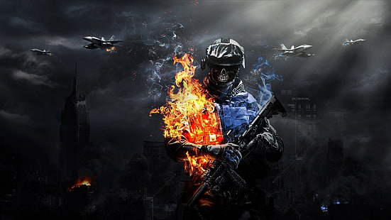 самолет, самолет, армия, Battlefield 3, тъмно, огън, джет, военни, небостъргач, дим, супресори, война, оръжие, HD тапет HD wallpaper