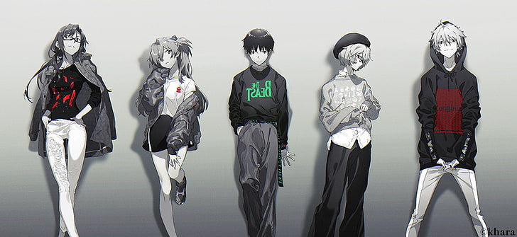 Neon Genesis Evangelion, Ayanami Rei, Asuka Langley Soryu, Ikari Shinji, Makinami Mari Illustrious, Nagisa Kaworu, HD тапет