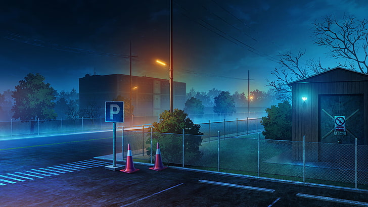 Schuppen nahe Straße, Nacht, Straßenkunst, Lichter, Anime, HD-Hintergrundbild