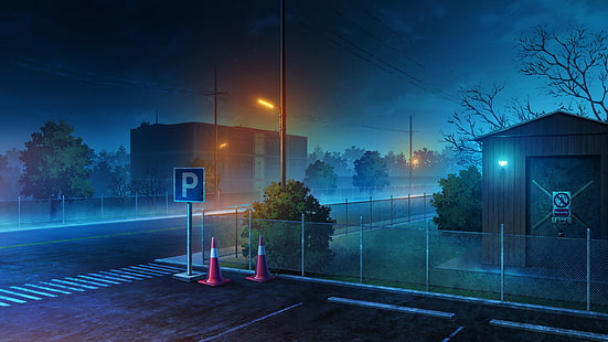 Schuppen nahe Straße, Nacht, Straßenkunst, Lichter, Anime, HD-Hintergrundbild HD wallpaper