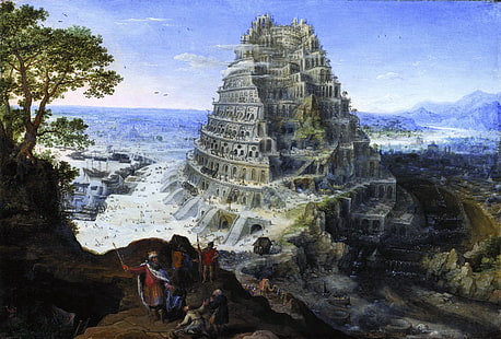 Torre Babilonia pittura, torre, navi, Babilonia, Torre di Babele, Lucas, Falkenborg, Lucas van Valckenborch, La torre di Babele, Sfondo HD HD wallpaper