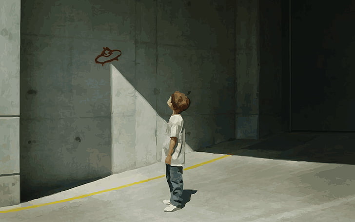 pojke i vit skjorta stirrar på väggmålning, Banksy, barn, urban, konstverk, HD tapet