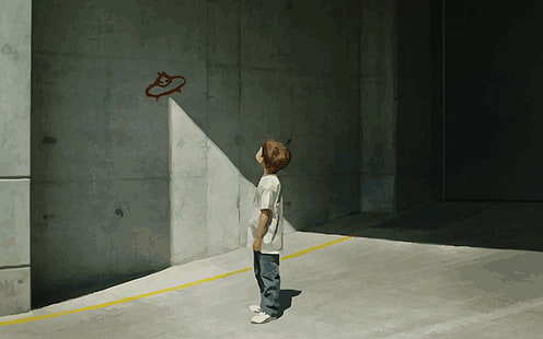 صبي يرتدي قميصًا أبيض يحدق في لوحة جدارية ، بانكسي ، أطفال ، حضري ، عمل فني، خلفية HD HD wallpaper