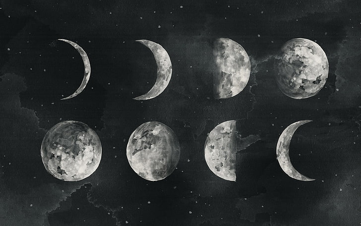 убывающая луна цифровые обои, луна, ночь, живопись, акварель, серый, полумесяц, HD обои