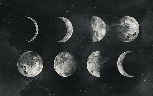 abnehmender Mond digitale Tapete, Mond, Nacht, Malerei, Aquarell, Grau, Halbmond, HD-Hintergrundbild HD wallpaper