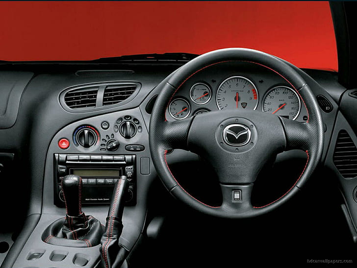 Mazda RX7 Интерьер, черная мазда, руль, салон, мазда, авто, HD обои