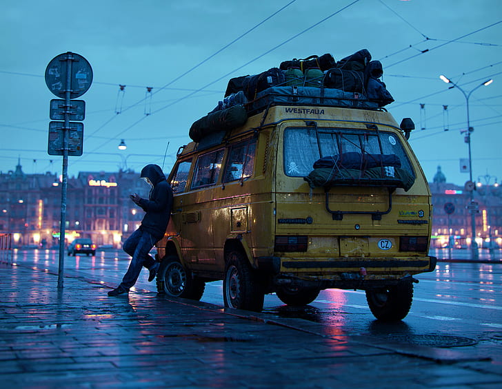 lluvia, frío, ciudad, hombres, coche, calle, Marek Denko, Volkswagen Transporter, Fondo de pantalla HD