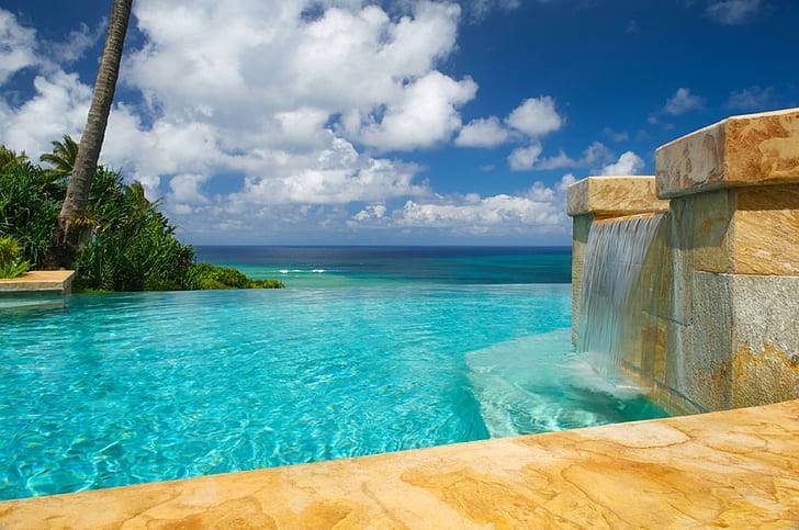 Magnifique piscine avec cascade, resort, lagon, sud-pacifique, cascade, plage, polynésie, océan, bleu, luxe, piscine, vue, île, hôtel, Fond d'écran HD