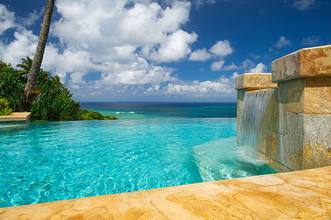 Astounding Pool with Waterfall, resort, lagoon, south-pacific, waterfall, beach, polynesia, ocean, blue, luxury, pool, view, island, hotel, HD wallpaper HD wallpaper