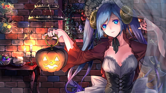 Anime, Vocaloid, Halloween, Hatsune Miku, Pumpkin, HD wallpaper HD wallpaper