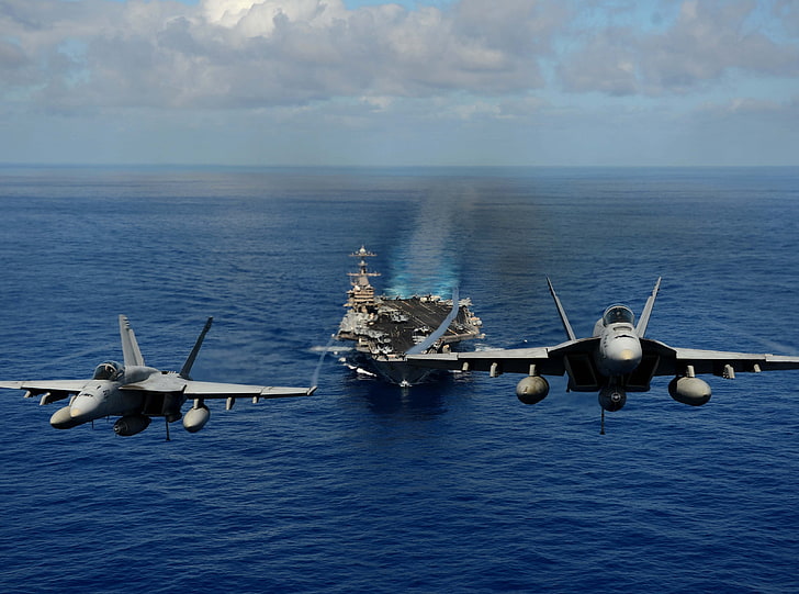 ВМС на САЩ, два сиви самолета, армия, Тихия океан, океан, ядрени, военни, САЩ, самолети, mcsaignaciodperez, USS John C. Stennis, суперносеща машина, HD тапет