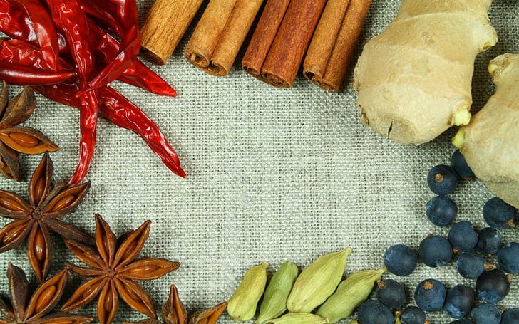 assorted-color condiments, cinnamon, black pepper, star anise, ginger, HD wallpaper